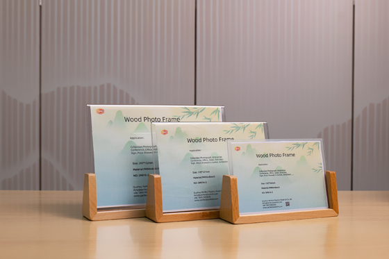 Buy Crystal Mini Menu Stand Acrylic Photo Frame Sign Holder With Walnut Wood Base online manufacture