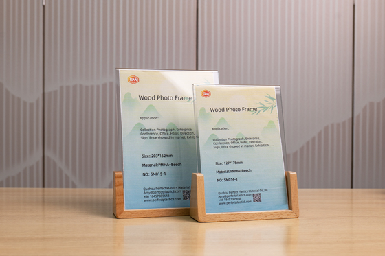 Buy DIY Transparent Table Standing U Shaped Acrylic Photo Frame With Walnut Beech Wood Base online manufacture