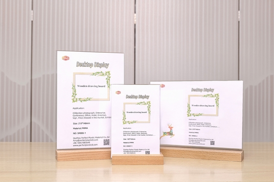 Buy Beech Wood Wooden Base T Shape Clear Acrylic Sign Holder Wedding Menu Card Display online manufacture