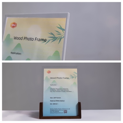 Vertically Oriented Top Insert Tabletop Acrylic Photo Frame With Wood Base